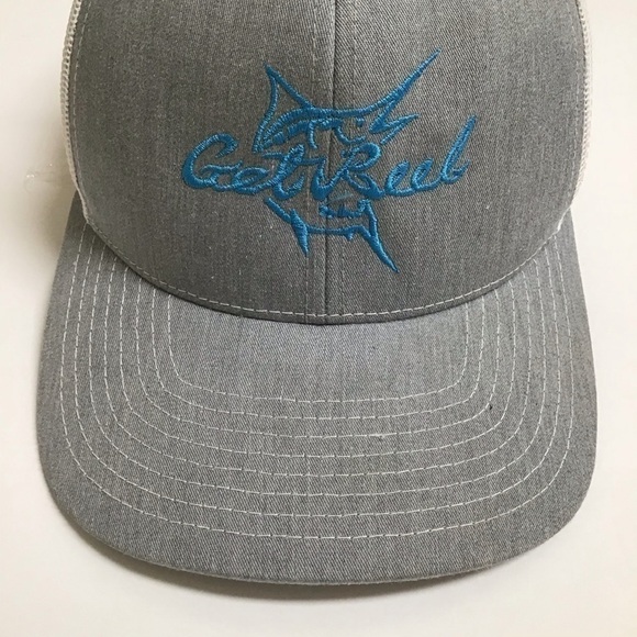 Get Reel Snapback Fishing Hat Cap Mesh Back Marlin Gray Aqua Blue Deep Sea FL - Picture 2 of 14